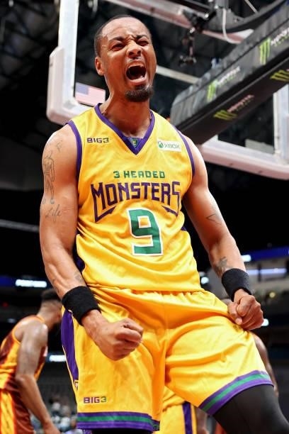 Rashard Lewis of the 3 Headed Monsters reacts during the game against the Bivouac during BIG3 - Week Four at the American Airlines Center on July 31,...