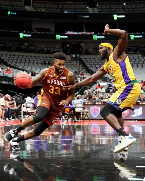 Alonzo Gee of the Bivouac dribbles the ball while being guarded by Reggie Evans of the 3 Headed Monsters during BIG3 - Week Four at the American...
