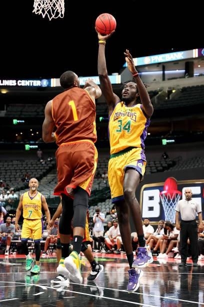 Mamadou N'Diaye of the 3 Headed Monsters attempts a shot while being guarded by Cory Jefferson of the Bivouac during BIG3 - Week Four at the American...