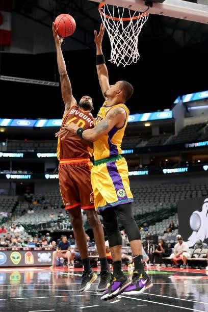 Mickell Gladness of the Bivouac attempts a shot while being guarded by Rashard Lewis of the 3 Headed Monsters during BIG3 - Week Four at the American...