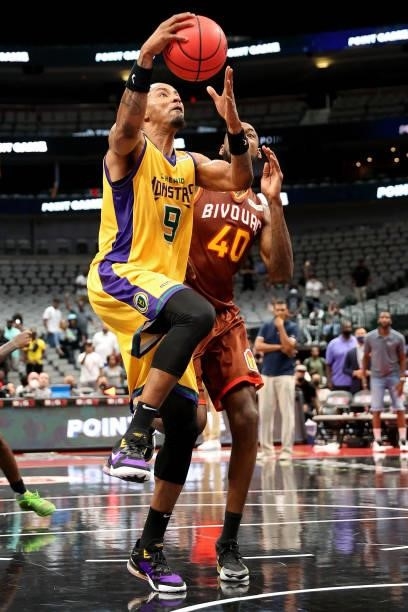 Rashard Lewis of the 3 Headed Monsters attempts a shot while being guarded by Mickell Gladness of the Bivouac during BIG3 - Week Four at the American...