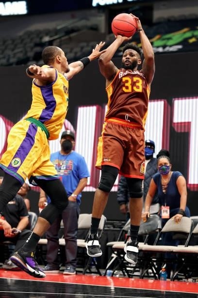 Alonzo Gee of the Bivouac attempts a shot while being guarded by Rashard Lewis of the 3 Headed Monsters during BIG3 - Week Four at the American...