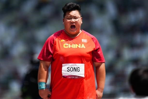 Song Jiayuan of China reacts in the Women's Shot Put Final on day nine of the Tokyo 2020 Olympic Games at Olympic Stadium on August 1, 2021 in Tokyo,...