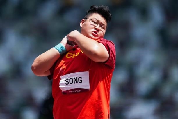 Song Jiayuan of China competes in the Women's Shot Put Final on day nine of the Tokyo 2020 Olympic Games at Olympic Stadium on August 1, 2021 in...