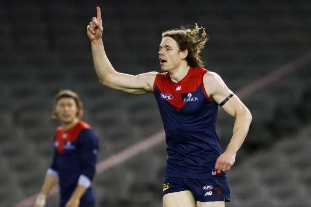 Ben Brown of the Demons celebrates a goal during the round 20 AFL match between Gold Coast Suns and Melbourne Demons at Marvel Stadium on August 01,...