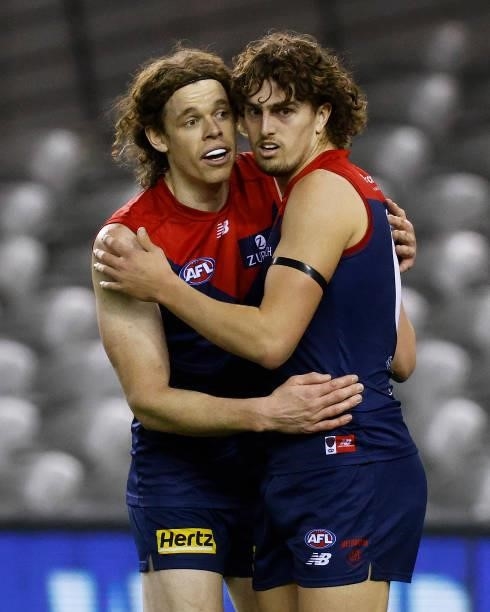 Luke Jackson of the Demons celebrates a goal with Ben Brown of the Demons during the round 20 AFL match between Gold Coast Suns and Melbourne Demons...