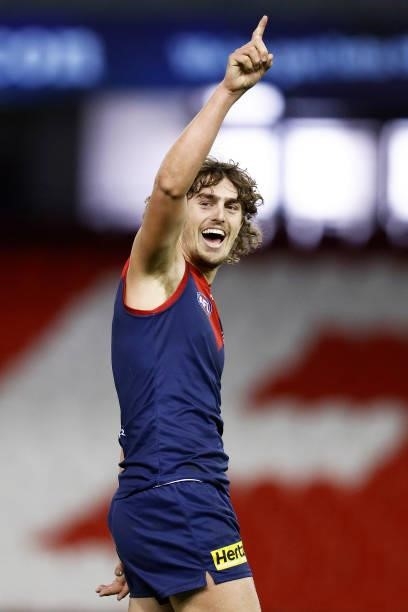 Luke Jackson of the Demons celebrates a goal during the round 20 AFL match between Gold Coast Suns and Melbourne Demons at Marvel Stadium on August...