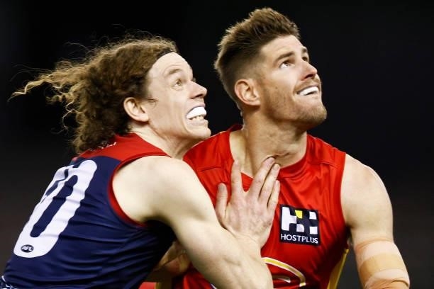 Ben Brown of the Demons and Zac Smith of the Suns contest the ruck during the round 20 AFL match between Gold Coast Suns and Melbourne Demons at...
