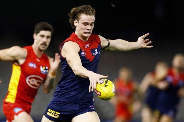 Trent Rivers of the Demons kicks the ball during the round 20 AFL match between Gold Coast Suns and Melbourne Demons at Marvel Stadium on August 01,...