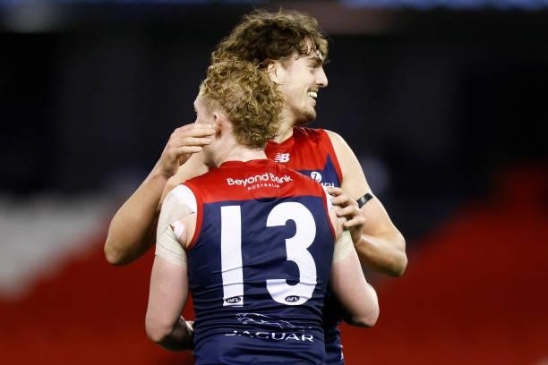 Luke Jackson of the Demons celebrates a goal with Clayton Oliver of the Demons during the round 20 AFL match between Gold Coast Suns and Melbourne...