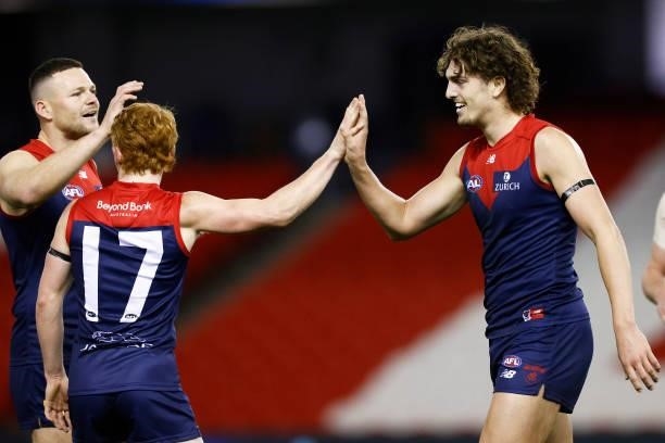 Luke Jackson of the Demons celebrates a goal during the round 20 AFL match between Gold Coast Suns and Melbourne Demons at Marvel Stadium on August...