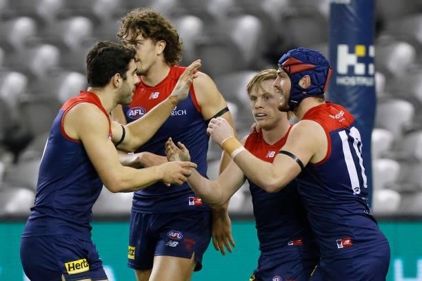 Charlie Spargo of the Demons celebrates a goal during the round 20 AFL match between Gold Coast Suns and Melbourne Demons at Marvel Stadium on August...