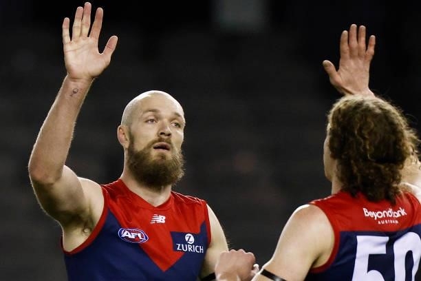 Max Gawn of the Demons celebrates a goal during the round 20 AFL match between Gold Coast Suns and Melbourne Demons at Marvel Stadium on August 01,...