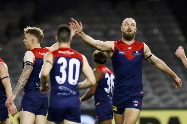 Max Gawn of the Demons celebrates a goal during the round 20 AFL match between Gold Coast Suns and Melbourne Demons at Marvel Stadium on August 01,...