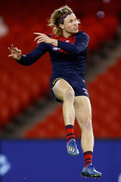 Jayden Hunt of the Demons kicks the ball during the round 20 AFL match between Gold Coast Suns and Melbourne Demons at Marvel Stadium on August 01,...