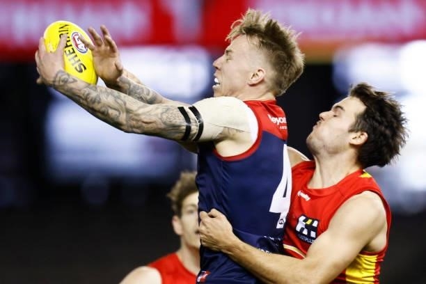 James Harmes of the Demons marks the ball during the round 20 AFL match between Gold Coast Suns and Melbourne Demons at Marvel Stadium on August 01,...