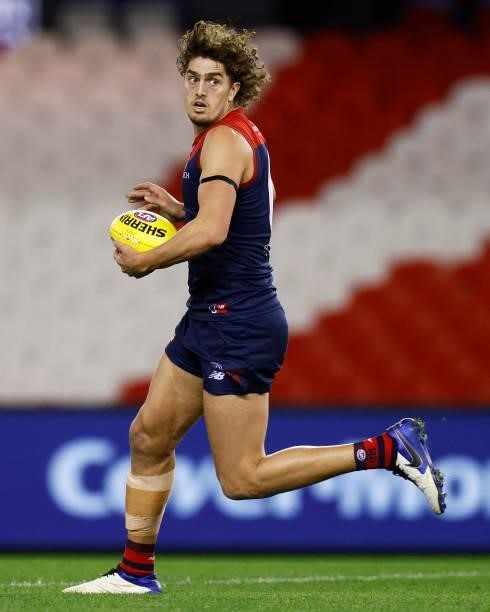 Luke Jackson of the Demons runs with the ball during the round 20 AFL match between Gold Coast Suns and Melbourne Demons at Marvel Stadium on August...