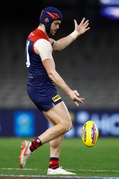 Angus Brayshaw of the Demons kicks the ball during the round 20 AFL match between Gold Coast Suns and Melbourne Demons at Marvel Stadium on August...