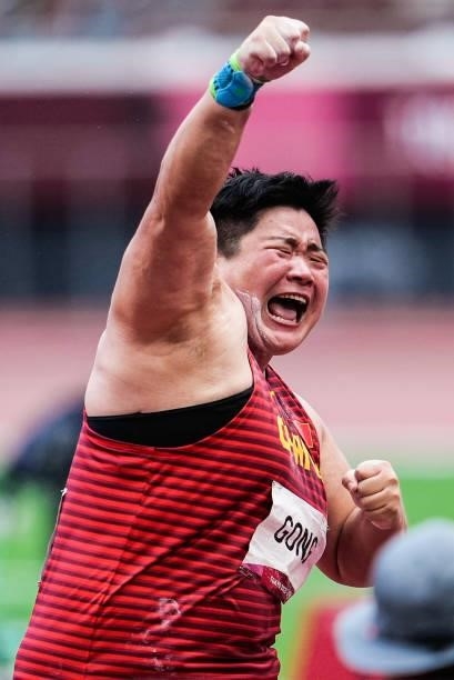 Gold medalist Gong Lijiao of China celebrates after winning the Women's Shot Put Final on day nine of the Tokyo 2020 Olympic Games at Olympic Stadium...