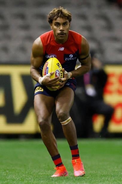 Kysaiah Pickett of the Demons marks the ball during the round 20 AFL match between Gold Coast Suns and Melbourne Demons at Marvel Stadium on August...