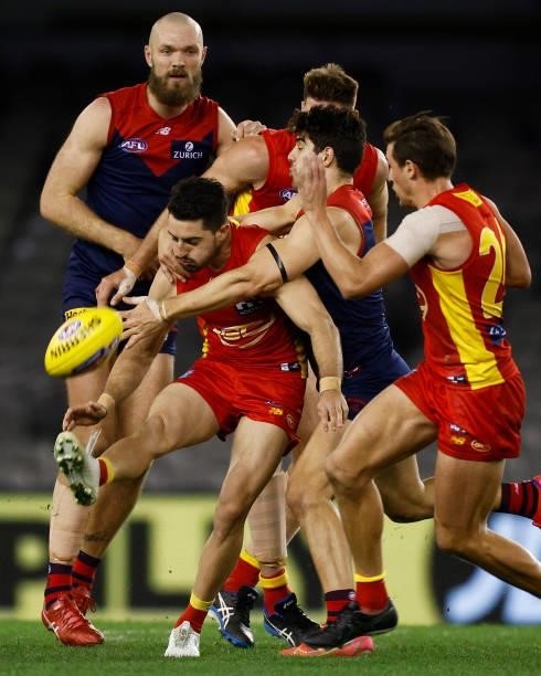Brayden Fiorini of the Suns kicks the ball during the round 20 AFL match between Gold Coast Suns and Melbourne Demons at Marvel Stadium on August 01,...
