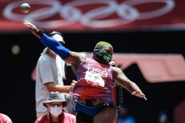 Raven Saunders of United States competes in the Women's Shot Put Final on day nine of the Tokyo 2020 Olympic Games at Olympic Stadium on August 1,...