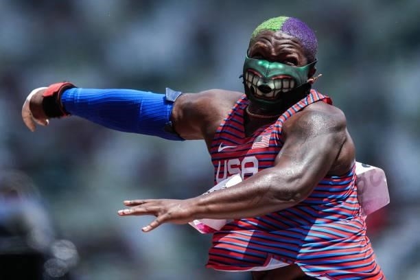 Raven Saunders of United States competes in the Women's Shot Put Final on day nine of the Tokyo 2020 Olympic Games at Olympic Stadium on August 1,...