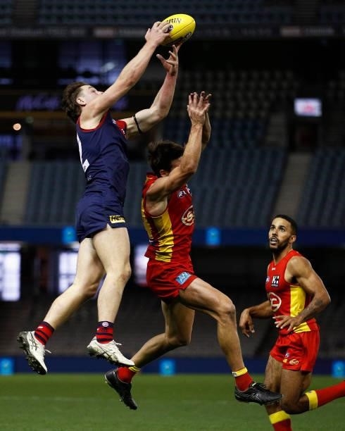 Tom Sparrow of the Demons attempts to mark the ball during the round 20 AFL match between Gold Coast Suns and Melbourne Demons at Marvel Stadium on...