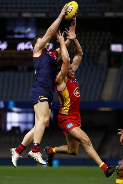 Tom Sparrow of the Demons attempts to mark the ball during the round 20 AFL match between Gold Coast Suns and Melbourne Demons at Marvel Stadium on...