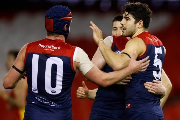Christian Petracca of the Demons celebrates a goal during the round 20 AFL match between Gold Coast Suns and Melbourne Demons at Marvel Stadium on...