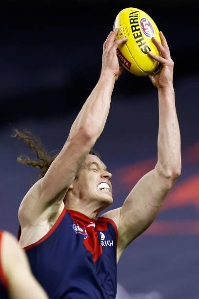 Ben Brown of the Demons marks the ball during the round 20 AFL match between Gold Coast Suns and Melbourne Demons at Marvel Stadium on August 01,...