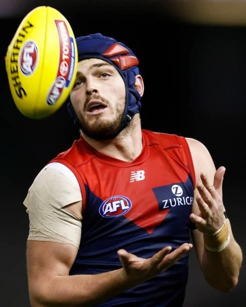 Angus Brayshaw of the Demons marks the ball during the round 20 AFL match between Gold Coast Suns and Melbourne Demons at Marvel Stadium on August...