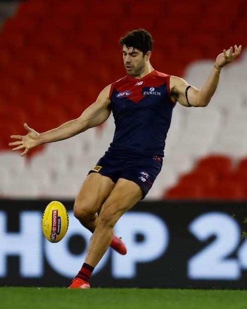 Christian Petracca of the Demons kicks the ball during the round 20 AFL match between Gold Coast Suns and Melbourne Demons at Marvel Stadium on...