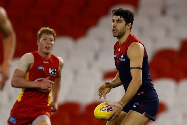 Christian Petracca of the Demons in action during the round 20 AFL match between Gold Coast Suns and Melbourne Demons at Marvel Stadium on August 01,...