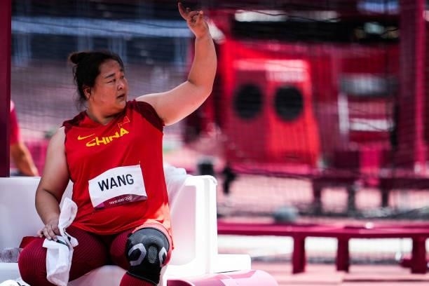 Wang Zheng of China reacts in the Women's Hammer Throw Qualification on day nine of the Tokyo 2020 Olympic Games at Olympic Stadium on August 1, 2021...