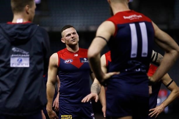 Steven May of the Demons speaks with Max Gawn of the Demons after winning the round 20 AFL match between Gold Coast Suns and Melbourne Demons at...