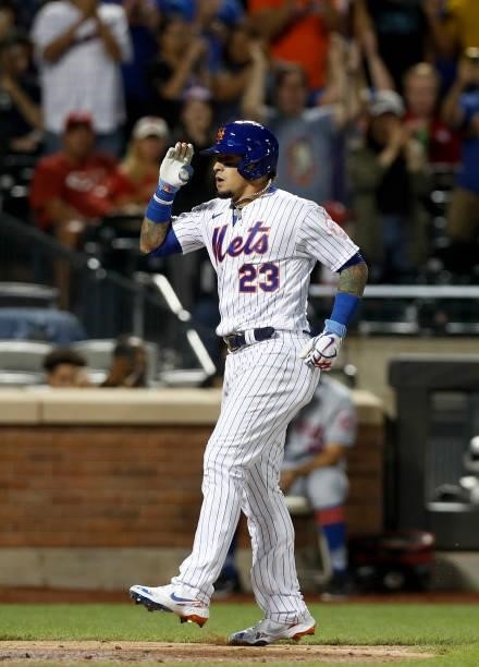 Javier Baez of the New York Mets celebrates his sixth inning two run home run against the Cincinnati Reds at Citi Field on July 31, 2021 in New York...