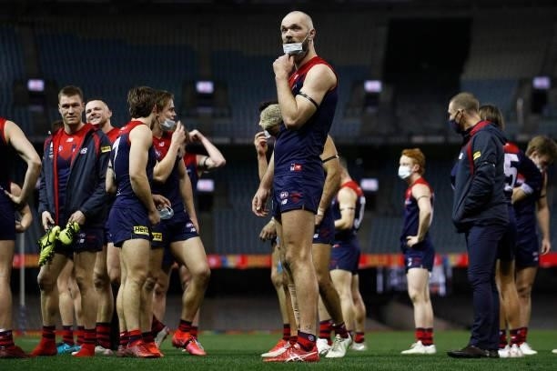 Max Gawn of the Demons prepares to lead his team off the field after winning the round 20 AFL match between Gold Coast Suns and Melbourne Demons at...