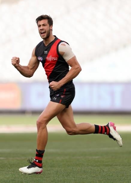 Kyle Langford of the Bombers celebrates a goal during the round 20 AFL match between Essendon Bombers and Sydney Swans at Melbourne Cricket Ground on...