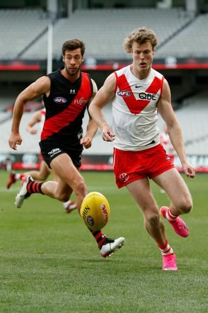 Nick Blakey of the Swans chases the ball during the round 20 AFL match between Essendon Bombers and Sydney Swans at Melbourne Cricket Ground on...