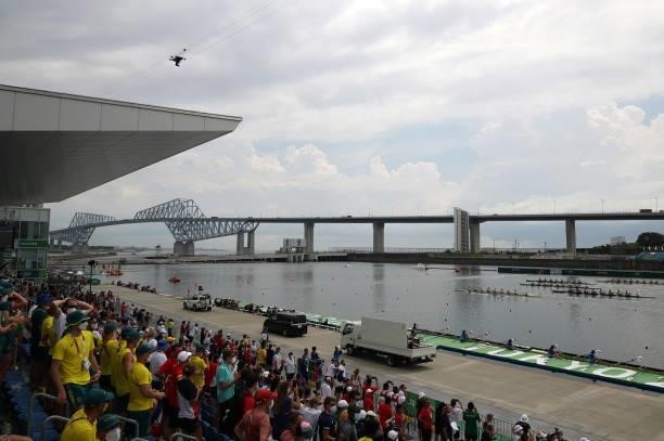 General view of the finish line and grand stand of athletes spectating during the Men's Eight Final A on day seven of the Tokyo 2020 Olympic Games at...