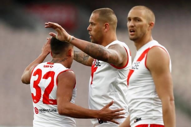 Lance Franklin of the Swans celebrates a goal during the round 20 AFL match between Essendon Bombers and Sydney Swans at Melbourne Cricket Ground on...