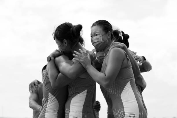 Team China celebrates winning the bronze medal during the Women's Eight Final A on day seven of the Tokyo 2020 Olympic Games at Sea Forest Waterway...