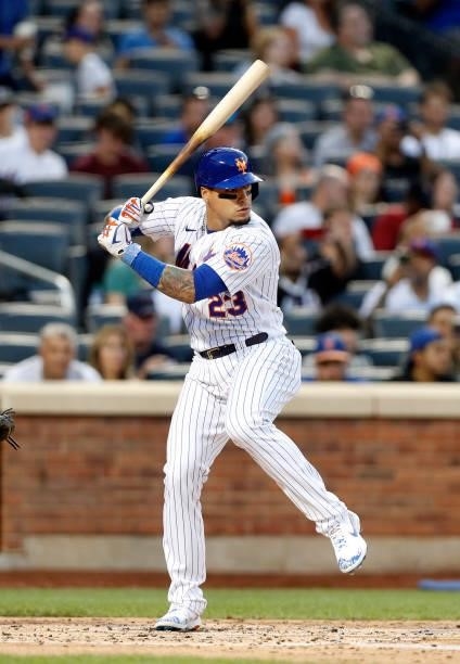 Javier Baez of the New York Mets in action against the Cincinnati Reds at Citi Field on July 31, 2021 in New York City. The Mets defeated the Reds...