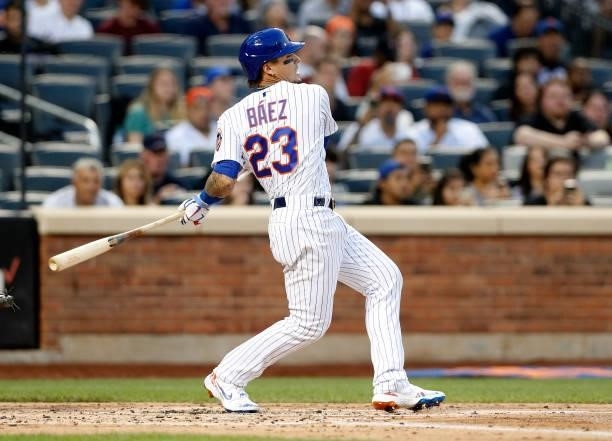 Javier Baez of the New York Mets in action against the Cincinnati Reds at Citi Field on July 31, 2021 in New York City. The Mets defeated the Reds...