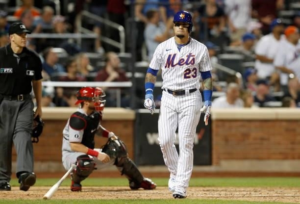 Javier Baez of the New York Mets reacts after his sixth inning two run home run against the Cincinnati Reds at Citi Field on July 31, 2021 in New...