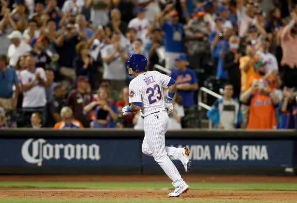 Javier Baez of the New York Mets runs the bases after his sixth inning two run home run against the Cincinnati Reds at Citi Field on July 31, 2021 in...