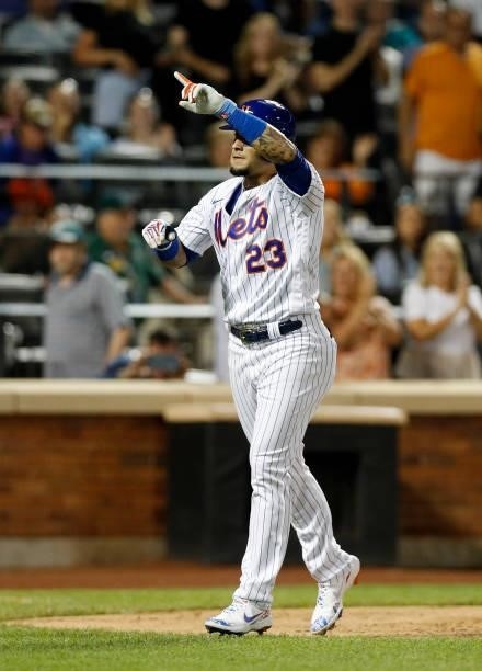 Javier Baez of the New York Mets celebrates his sixth inning two run home run against the Cincinnati Reds at Citi Field on July 31, 2021 in New York...