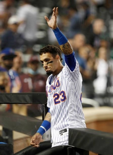 Javier Baez of the New York Mets waves to the crowd after a game against the Cincinnati Reds at Citi Field on July 31, 2021 in New York City. The...
