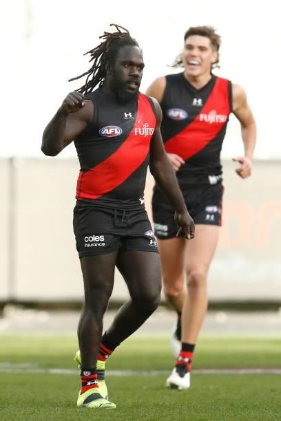 Anthony McDonald-Tipungwuti of the Bombers celebrates a goal during the round 20 AFL match between Essendon Bombers and Sydney Swans at Melbourne...